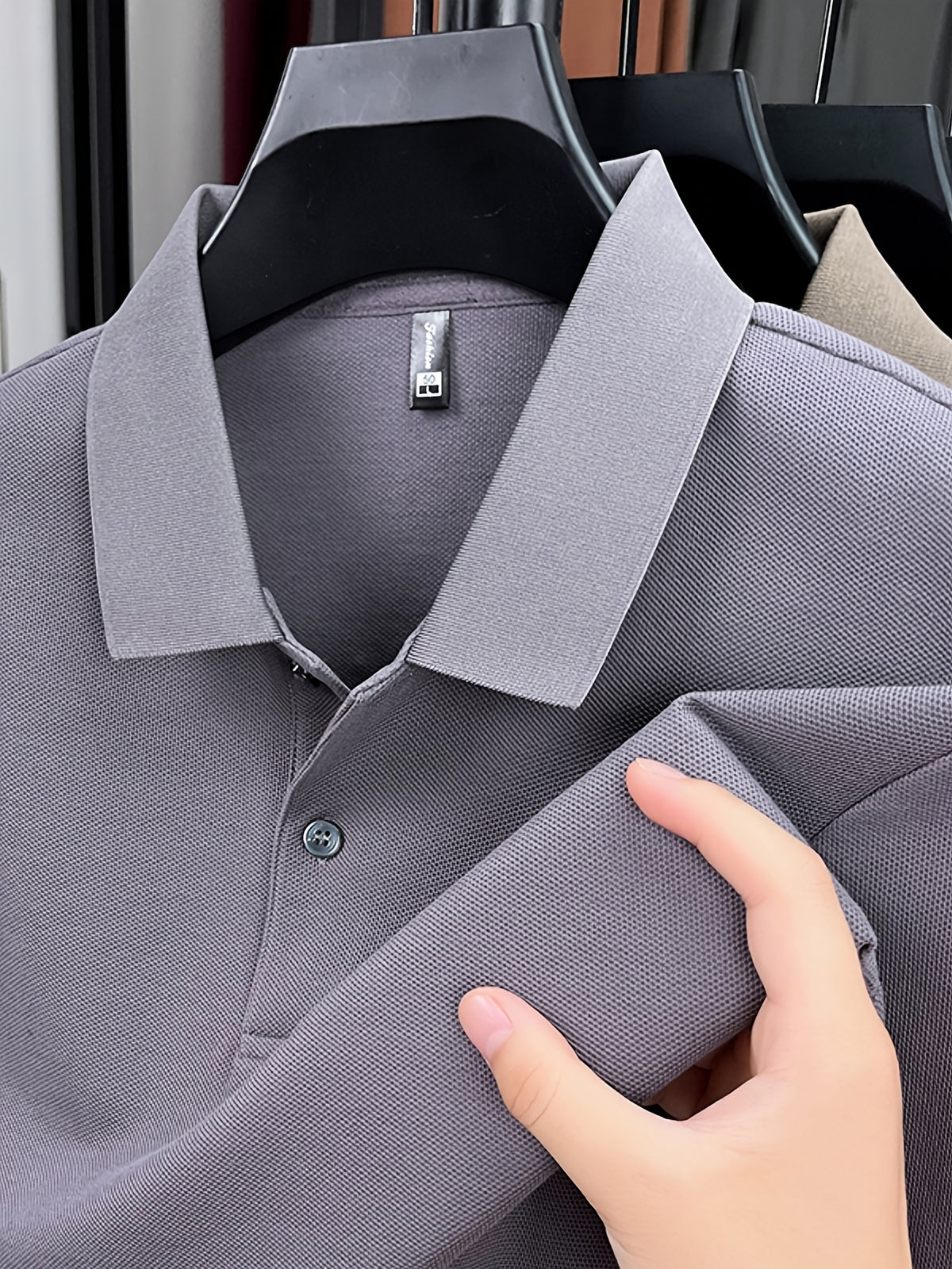 Spring and Autumn Men's Lapel Polo Shirt, Fashionable Solid Color Base Layer Top, Versatile Business Casual Long Sleeve T-Shirt, Suitable for Daily Work Scenes, The Best Gift for Friends and Relatives - Gray Purple