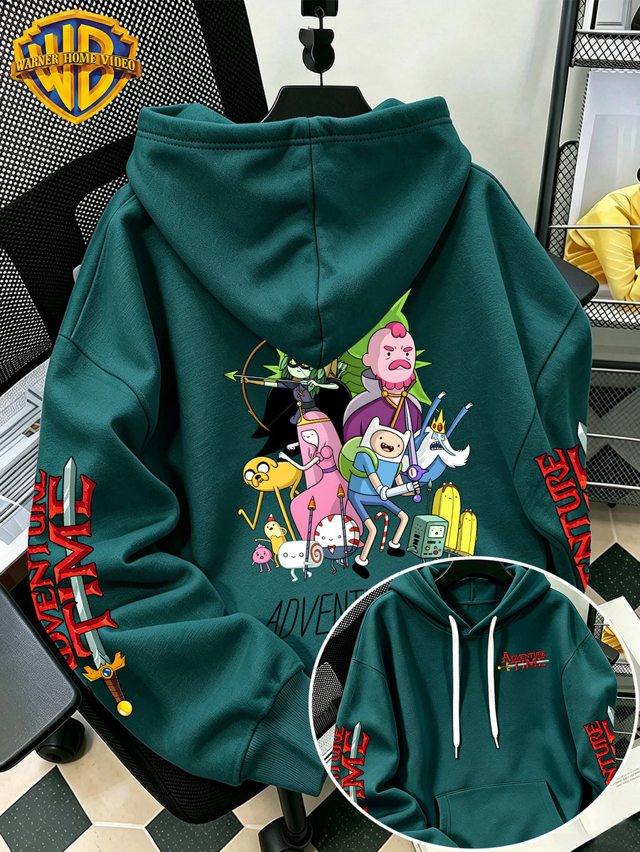Warner Bros. Men's New Trendy Hoodie, Adventure Time Full Cast Collection Cartoon Graphic Print, Casual Hooded Sweatshirt, Daily Drawstring Loose Pullover Top, Machine Washable Versatile Sporty Casual Men's Top - Green