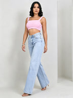1pc All Seasons Trendy Latin American Women'S Outdoor High-Waist Straight Loose Jeans, Fresh Light Blue Washed Texture, Comfortable Stretch Fabric Lengthens Silhouette, Fashionable And Figure-Flattering - Sky Blue
