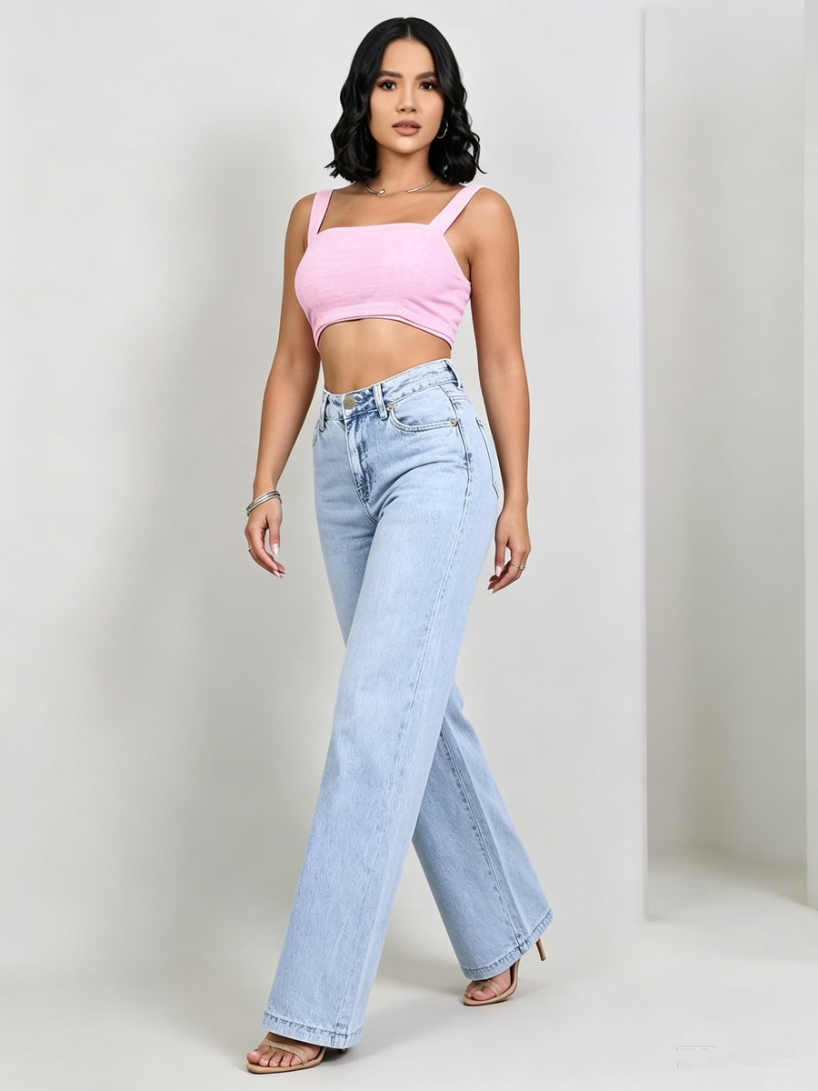 1pc All Seasons Trendy Latin American Women'S Outdoor High-Waist Straight Loose Jeans, Fresh Light Blue Washed Texture, Comfortable Stretch Fabric Lengthens Silhouette, Fashionable And Figure-Flattering - Sky Blue