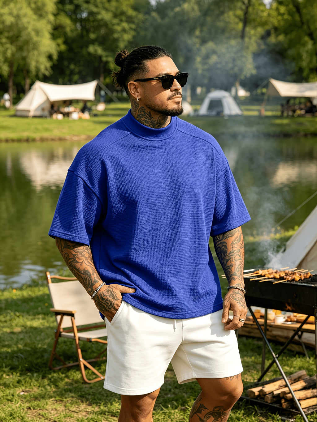 New Spring/Summer Men's Top, Fashionable Sporty Short Sleeve, Loose Fit Casual, Comfortable, Lightweight, Skin-Friendly, Trendy, Versatile, Refreshing, and Durable - Blue