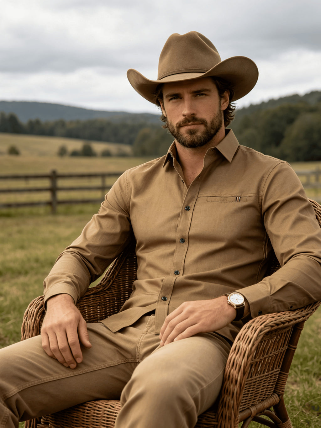 Men's Casual Long-Sleeve Shirt with Lapel and Faux Pocket Design, Slim Fit for a Slimming Look, Durable and Wrinkle-Resistant for Daily Outdoor Casual Wear, Business-Casual Solid Color Shirt - Brown