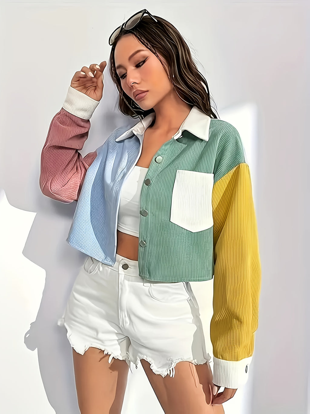 Stylish Color-block Flannel Jacket with an Elegant Collar, Women's Casual Blazer, Available for Spring, Summer, and Autumn, Featuring Pocket Details, Fabric, from the Elegant Collection - Mixed-color