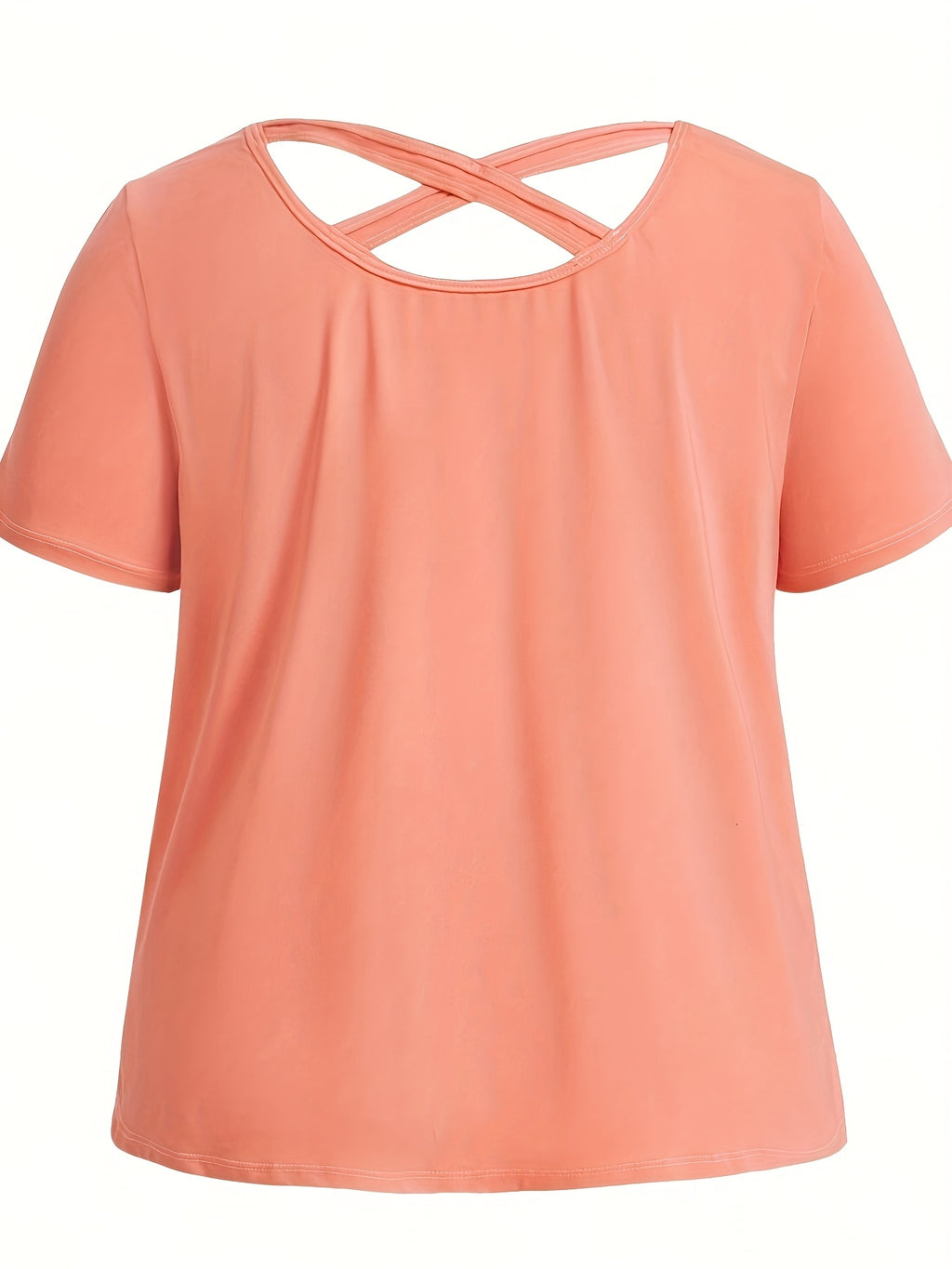 Plus-size Women's Three-piece Set: Solid Color Short-sleeve Top with Back Crisscross Straps, Crisscross Strap Bra with Design, and High-waisted Tight-fitting Yoga Leggings - Mixed colors