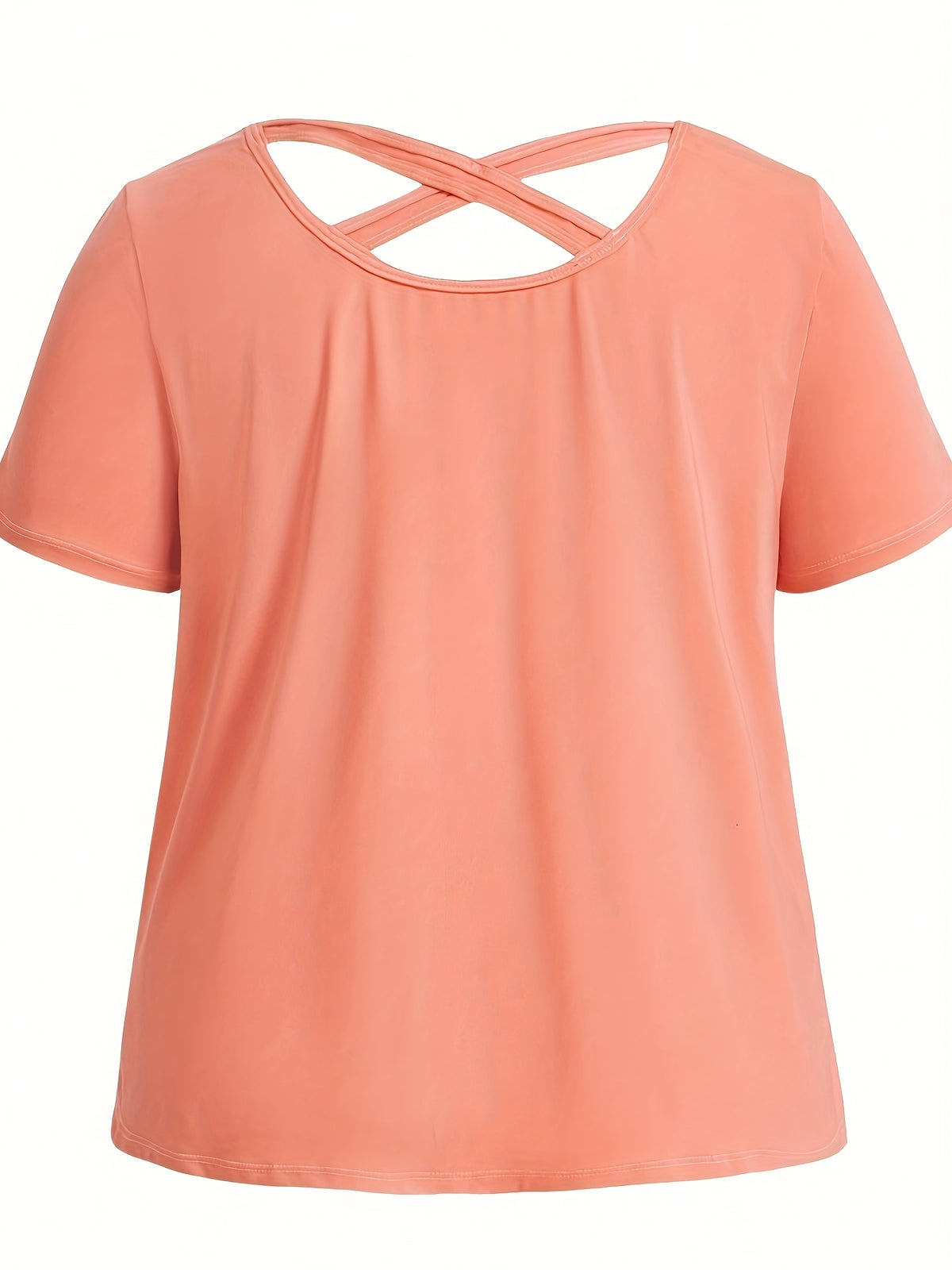 Plus-size Women's Three-piece Set: Solid Color Short-sleeve Top with Back Crisscross Straps, Crisscross Strap Bra with Design, and High-waisted Tight-fitting Yoga Leggings - Mixed colors