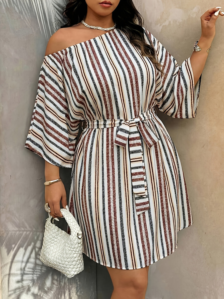 French Vintage Off-Shoulder Dress - Vertical Stripe A-Line Midi Dress with Waist Tie, Half-Sleeve Short Skirt Suitable for Vacation, Commuting, Office, Casual & Elegant Outfits, Loose Fit - Rust