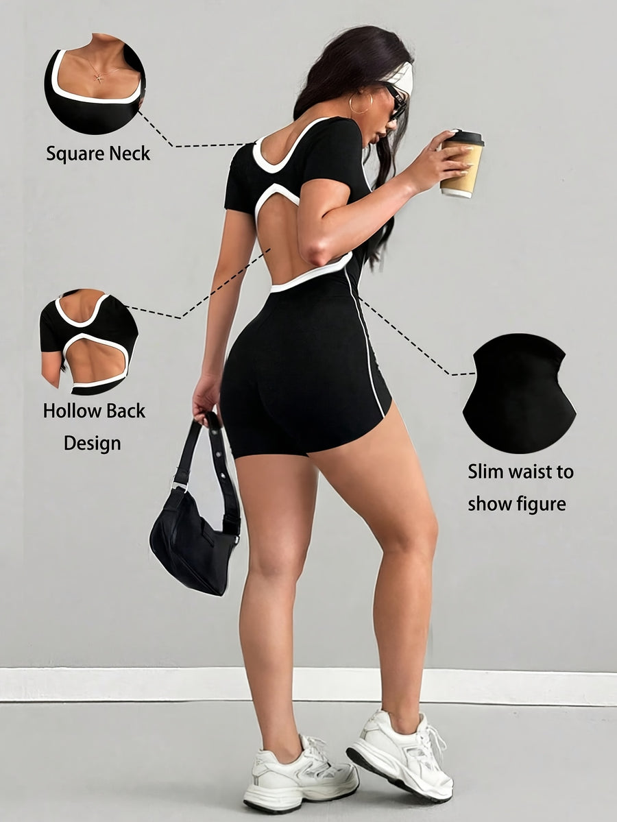 Butter-Soft Summer Jumpshort, High-Stretch Fabric, Backless Square Neck Design, Comfortable Street Style, Suitable for Outdoor, Leisure, Fitness, All Body Types, Y2K Aesthetic, Summer Essential - Black