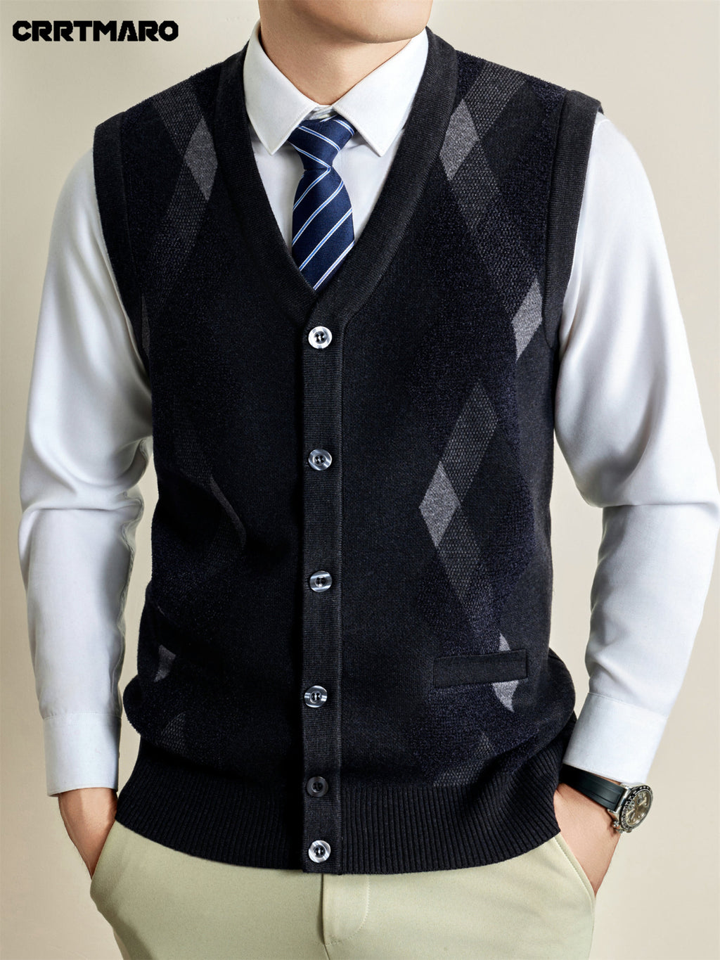 Men's Sweater Vest, Warm Casual Layering Top for Fall and Winter - Black Gray
