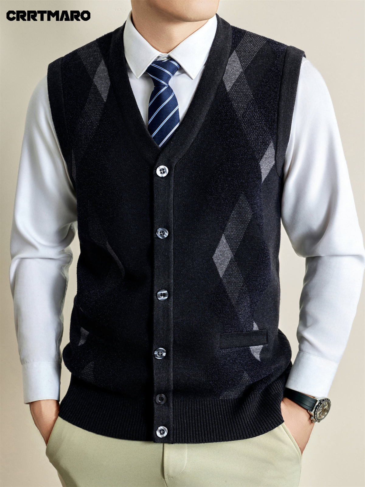 Men's Sweater Vest, Warm Casual Layering Top for Fall and Winter - Black Gray