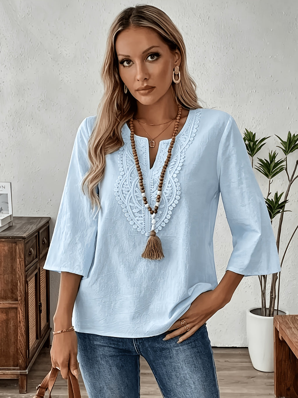New Women'S V-Neck Lace Trim Blouse, Half-Sleeve Comfortable And Casual Vintage Clothing - Light Blue