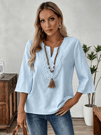 New Women'S V-Neck Lace Trim Blouse, Half-Sleeve Comfortable And Casual Vintage Clothing - Light Blue