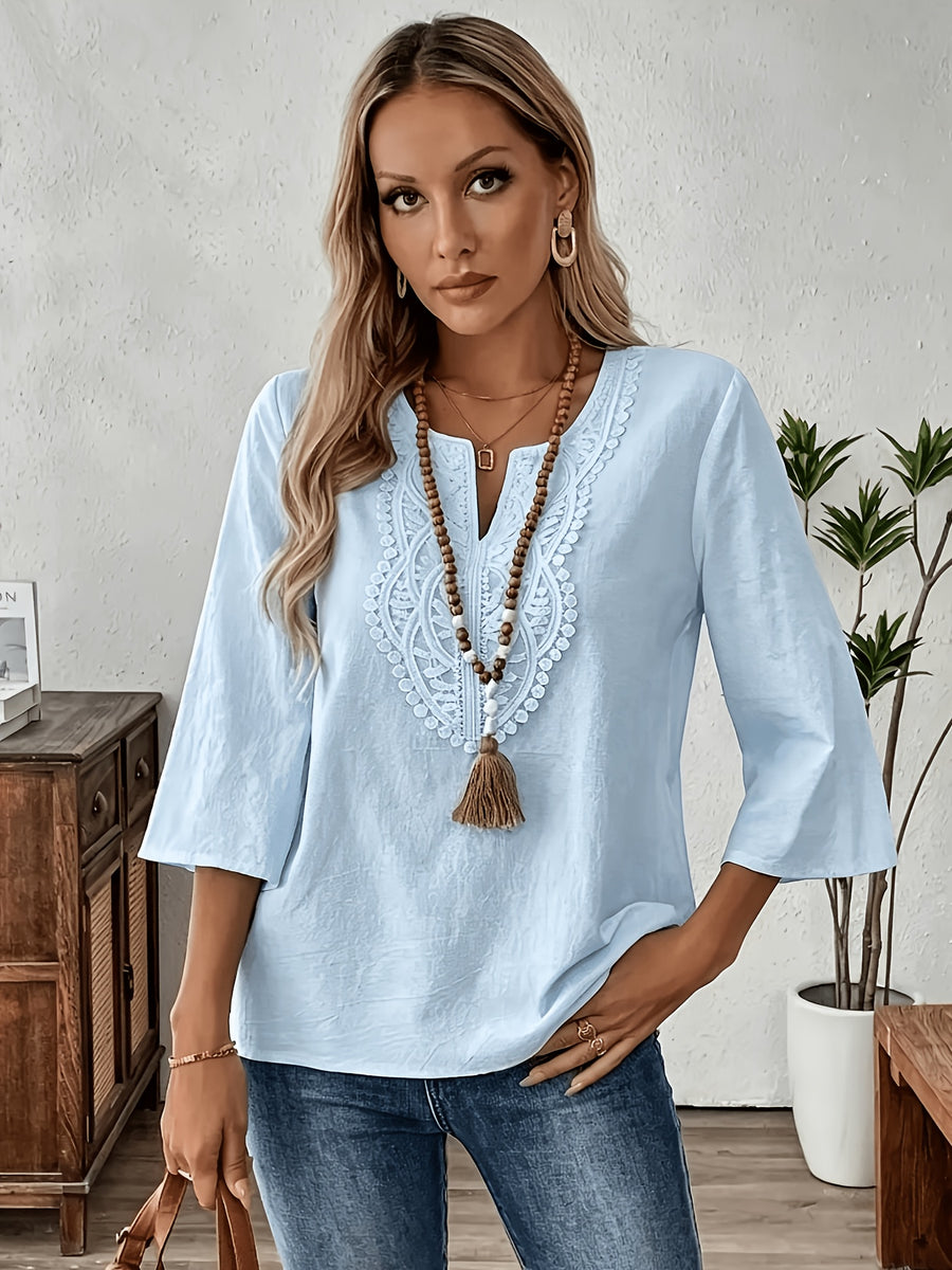 New Women'S V-Neck Lace Trim Blouse, Half-Sleeve Comfortable And Casual Vintage Clothing - Light Blue