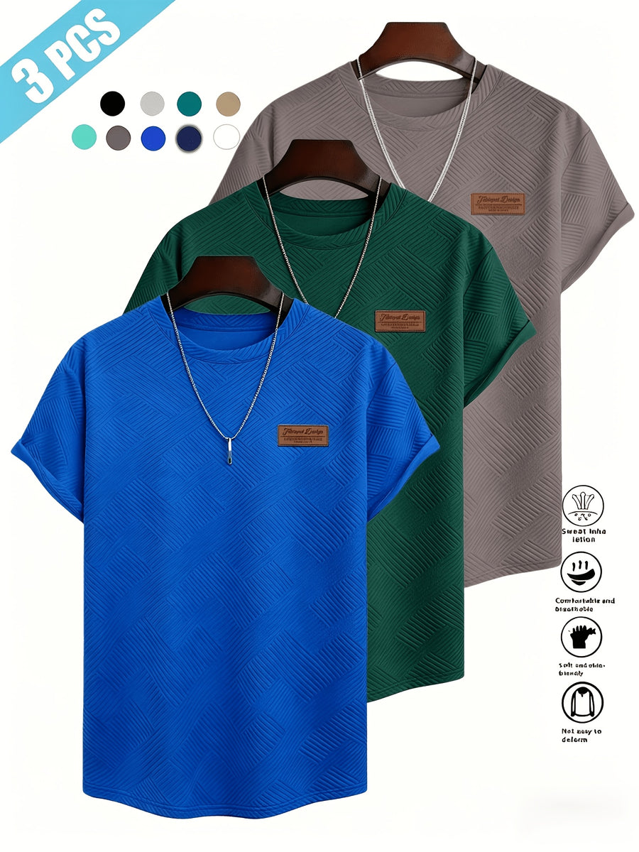 [Villa Le Water OBM] 3pcs Set Men'S Summer Fashion Round Neck T-Shirt, 3D Geometric Pattern Men'S Top, Comfortable And Versatile Short Sleeve, Suitable for Outdoor Street, Daily Casual, Outdoor Sports - Royal Blue + Dark Green + Gray Brown