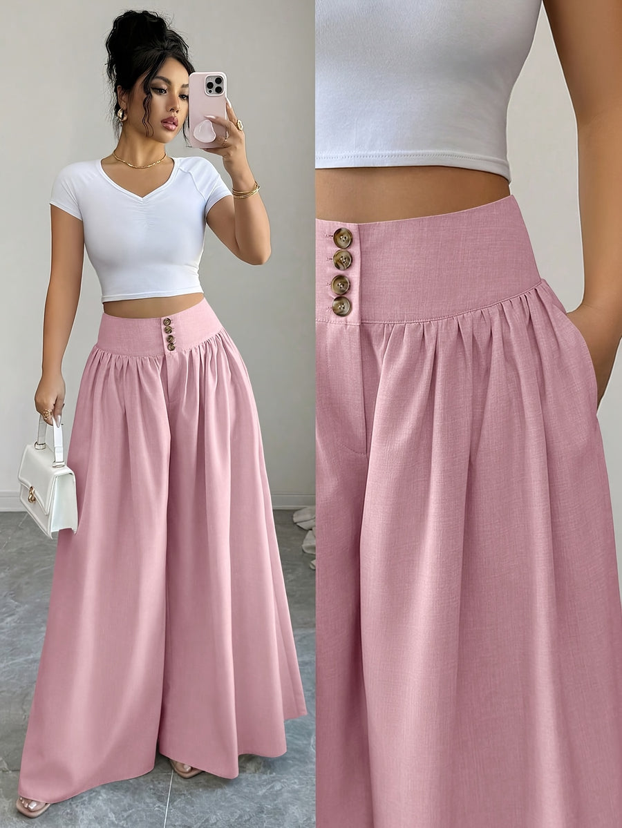 Women's Spring/Summer Waist-Cinching Long Wide-Leg Pants with Pockets, Size 25 - Pink Color