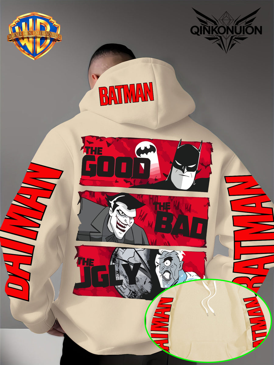 Warner Official Men's Hoodie, Red Bottom Three Grid Comic Batman Joker Character Print Design, Machine Washable, Warm and Casual for Autumn and Winter, Daily Drawstring Hoodie, Multi Functional Sports and Leisure Loose Version - Apricot