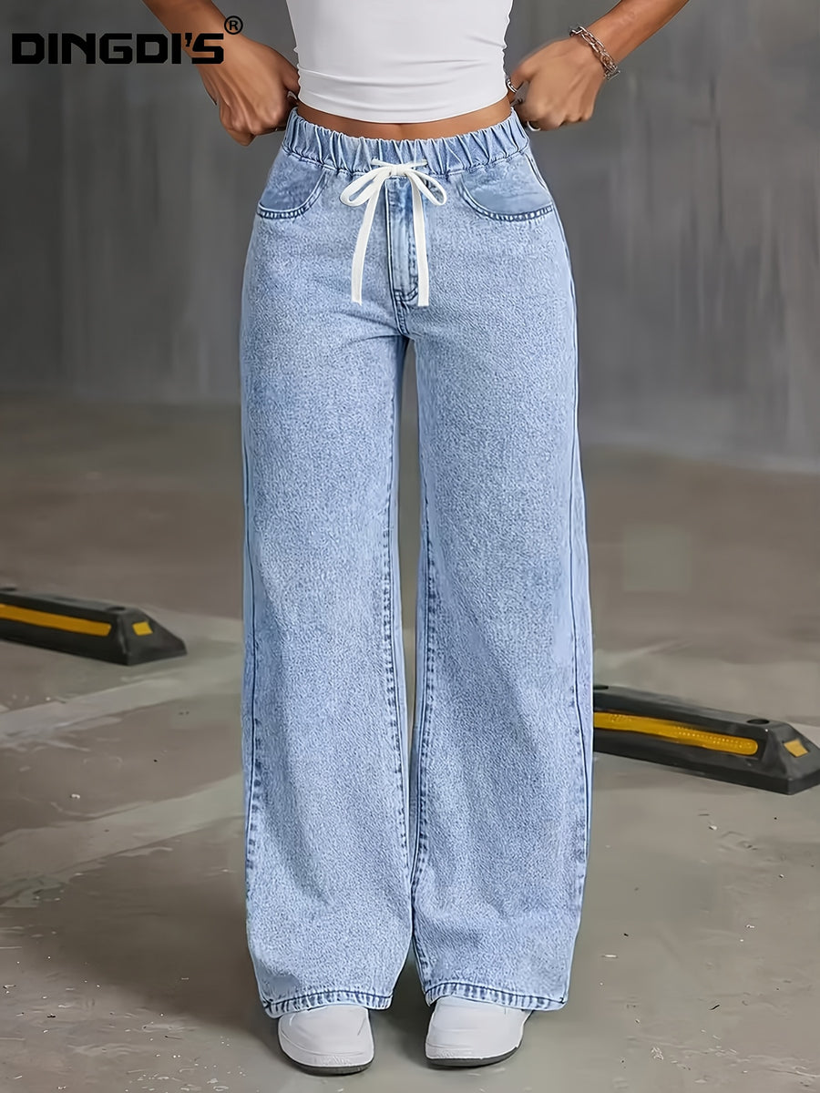 Women's 2026 New Loose-Fit High-Waist Wide-Leg Jeans with Tummy Control, Washed Snowflake Effect with Pockets, Relaxed Fit for Year-Round Wear. Featuring Slant Pockets and Elastic Waistband in Denim Fabric. Comfortable Long Pants Perfect for Travel - Light Blue