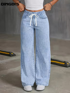 Women's 2026 New Loose-Fit High-Waist Wide-Leg Jeans with Tummy Control, Washed Snowflake Effect with Pockets, Relaxed Fit for Year-Round Wear. Featuring Slant Pockets and Elastic Waistband in Denim Fabric. Comfortable Long Pants Perfect for Travel - Light Blue