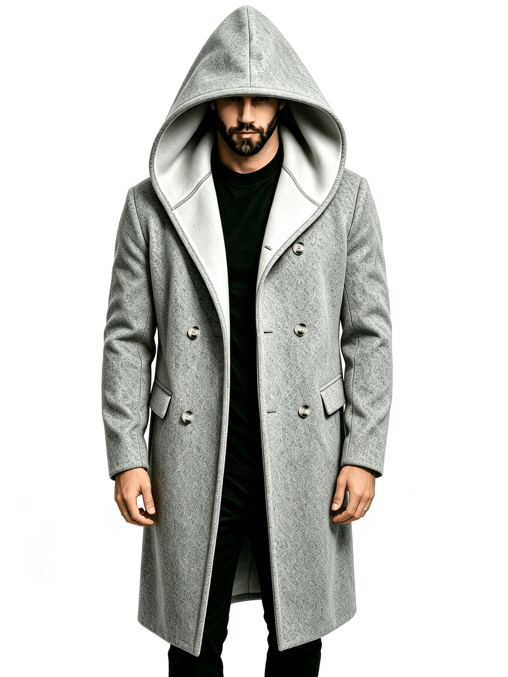 Men's Hooded Double-Breasted Blended Tweed Overcoat, Casual Mid-Length Pointed Hood Jacket, Solid Color Winter Outerwear - Grey