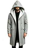 Men's Hooded Double-Breasted Blended Tweed Overcoat, Casual Mid-Length Pointed Hood Jacket, Solid Color Winter Outerwear - Grey