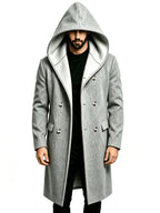 Men's Hooded Double-Breasted Blended Tweed Overcoat, Casual Mid-Length Pointed Hood Jacket, Solid Color Winter Outerwear - Grey