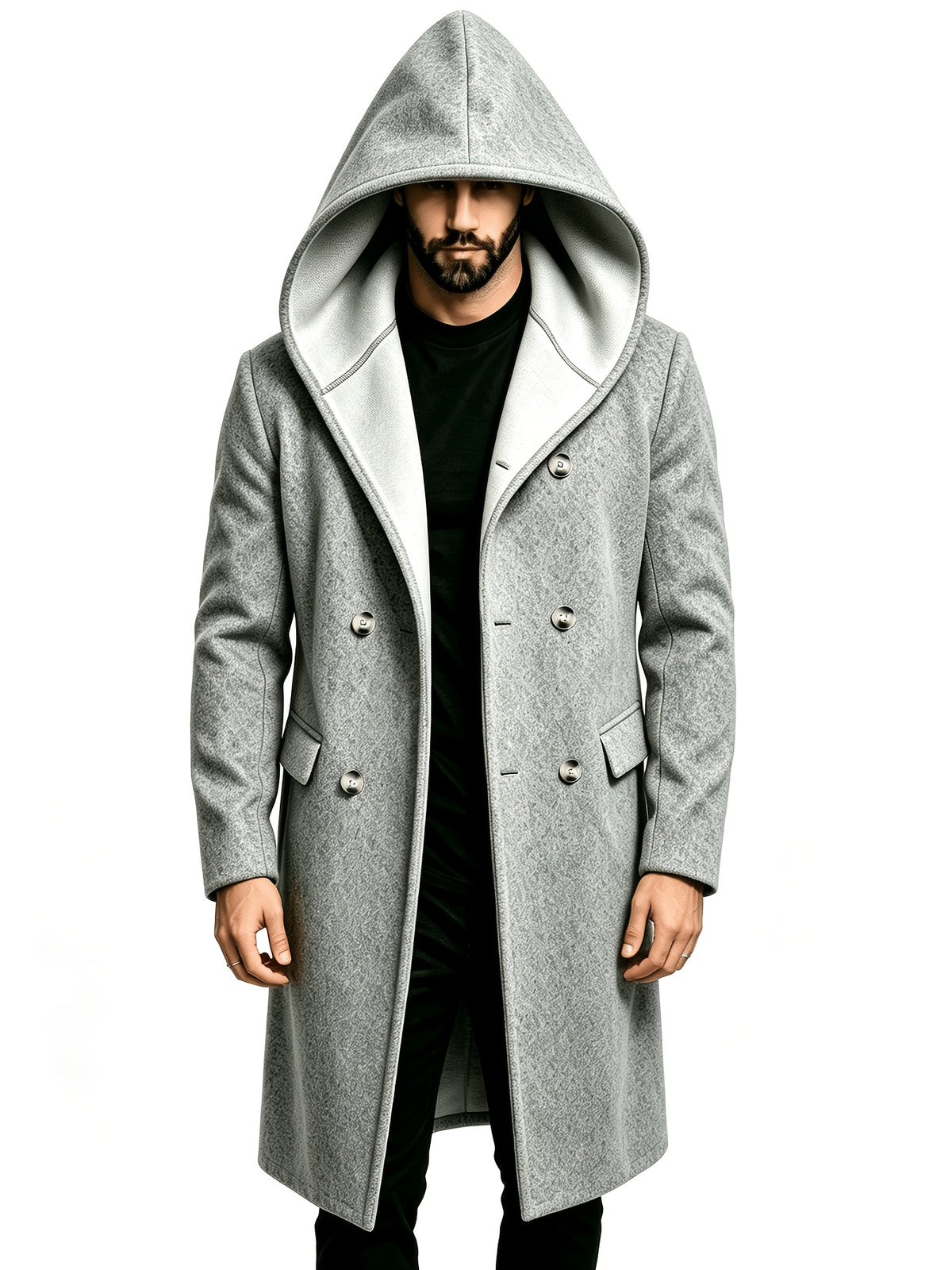 Men's Hooded Double-Breasted Blended Tweed Overcoat, Casual Mid-Length Pointed Hood Jacket, Solid Color Winter Outerwear - Grey