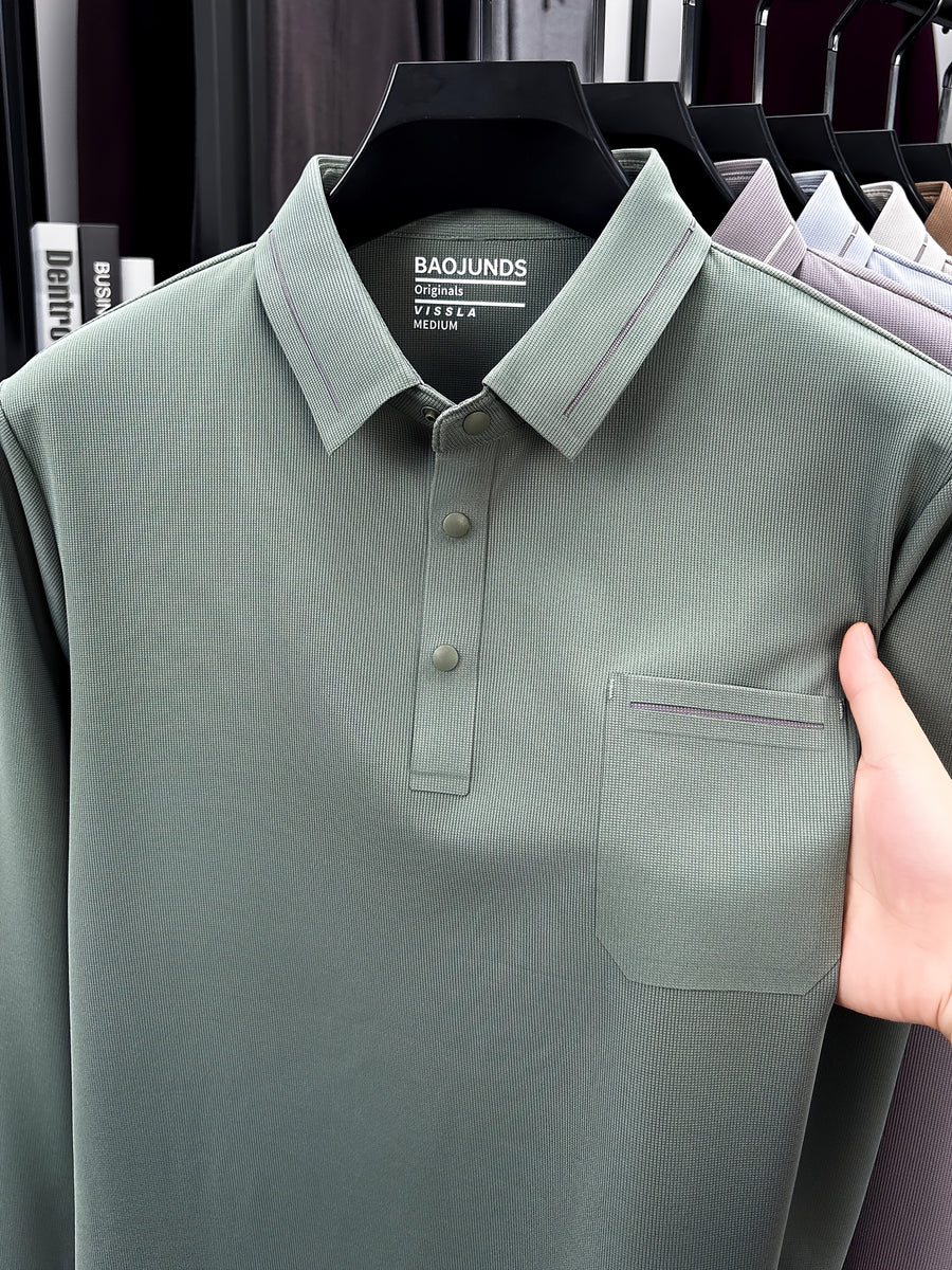 Autumn New Arrival Men's Fashion Long-Sleeve Polo Shirt, Versatile Casual Button- Lapel Seamless Men's Long-Sleeve Top, Suitable for Business Casual Outings, Dates, and Walks, an Essential Top for Casual Attire - Pea Green Color