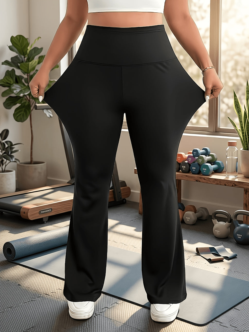 Plus Size, Plus Size Women's Black Leggings - Wide Leg Pants, Casual Solid Color Stretch Polyester Pants, Suitable for All Seasons, Comfortable and Stylish, Versatile Apparel | Elegant Plus Size Flared Pants | Medium Stretch Fabric, Plus Size Pants - Black