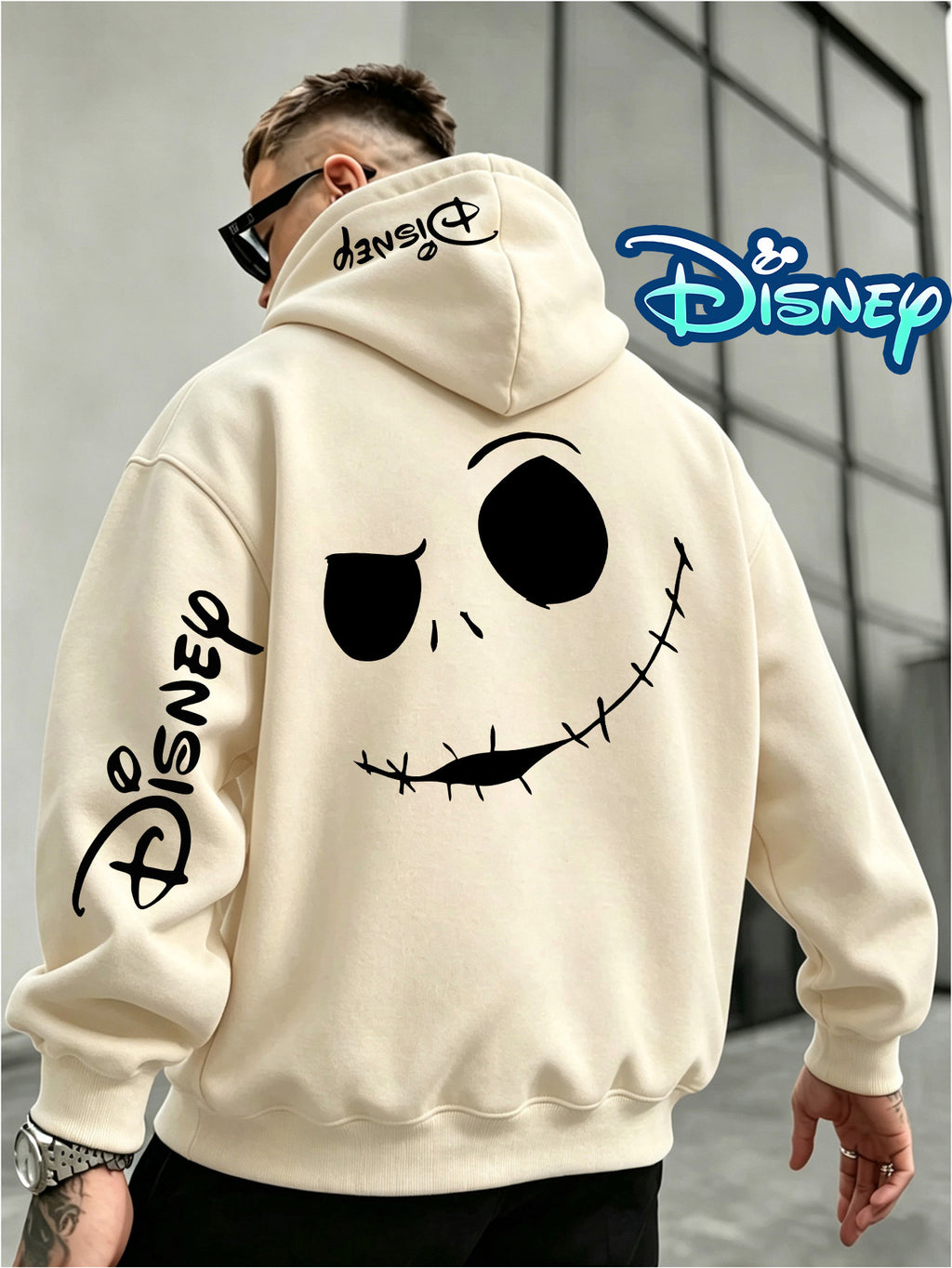 Disney Authorization, Multi-color Hooded Sweater in Fashion Trend, Christmas Night Horror Jack Skull Pattern Printing, Fall Winter Men Loose Long-sleeved Hoodie, Best Choice for Couples, Street Tide Brand Must-wear for Daily Outing - Apricot