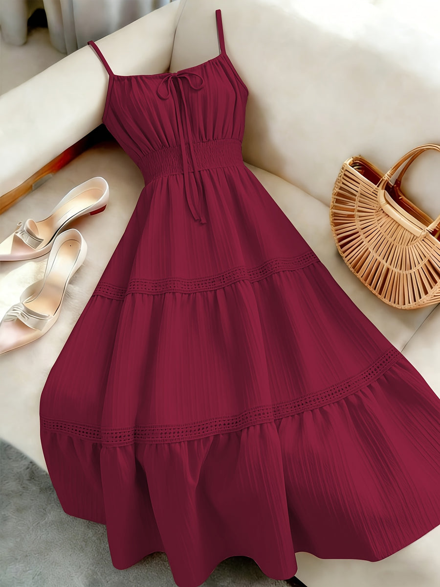 Dress, Lace Detail, Elegant Design, Suitable for Beach, Vacation, And Casual Wear - Burgundy