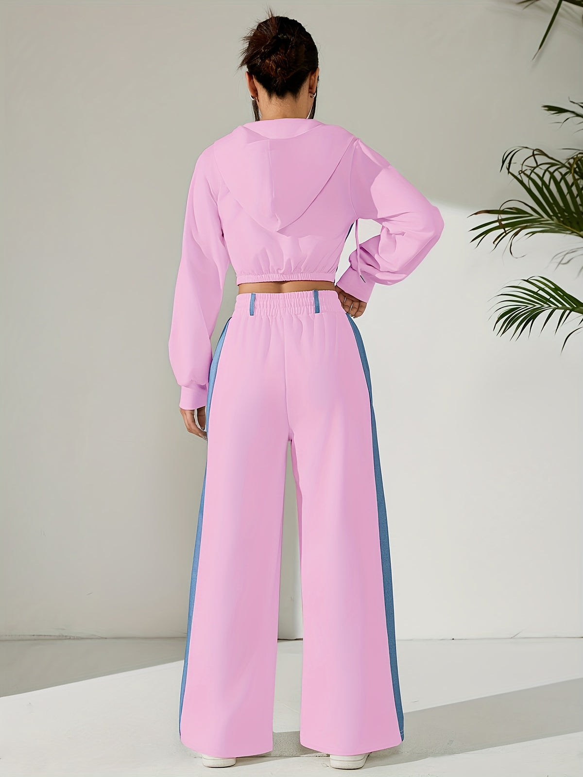 Women'S Suit Spring Long Sleeve Hooded Short Top And Long Pants Ladies Contrast Patchwork Elegant Two-Piece Set Autumn Casual Wear - pink