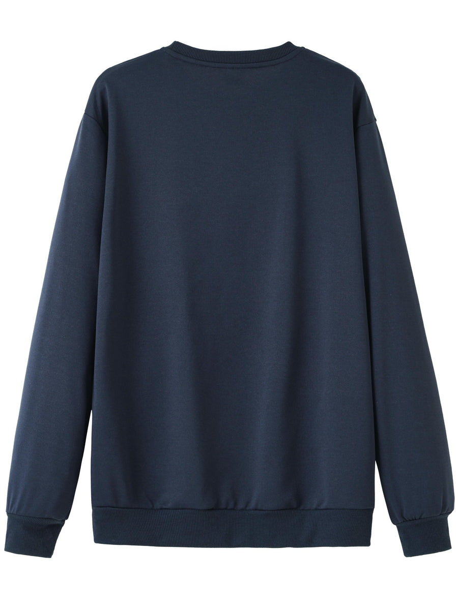 Fashion Retro Cycling Enthusiast Pattern Print, Round Neck Casual Sweatshirt, Suitable for Outdoor Activities, Loose Comfortable And Versatile, Ideal for Autumn And Winter - Navy Color