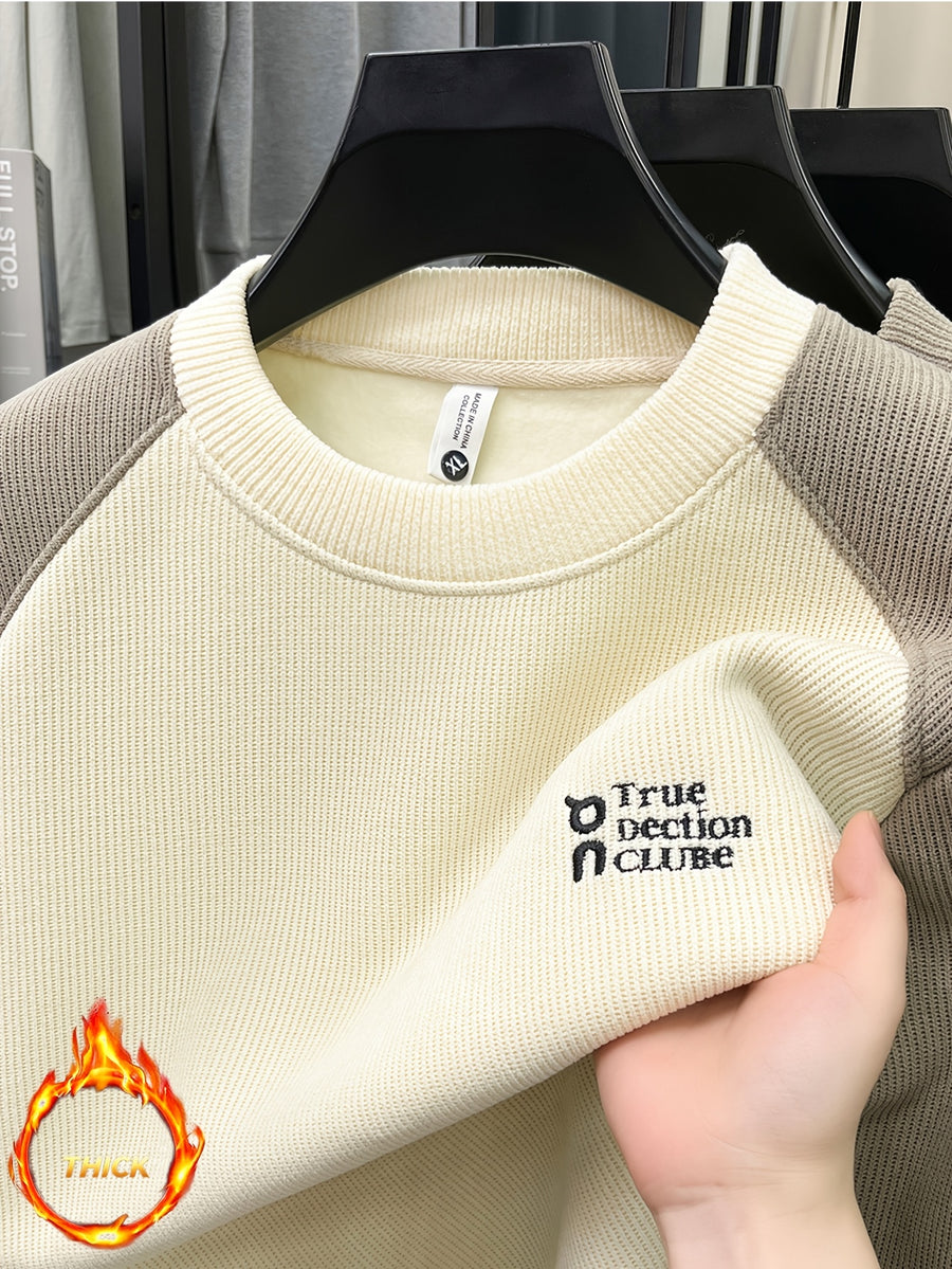 Men'S Color-Block Fleece Sweater Autumn Winter Thick Warm Knit Round Neck Pullover - Beige Color