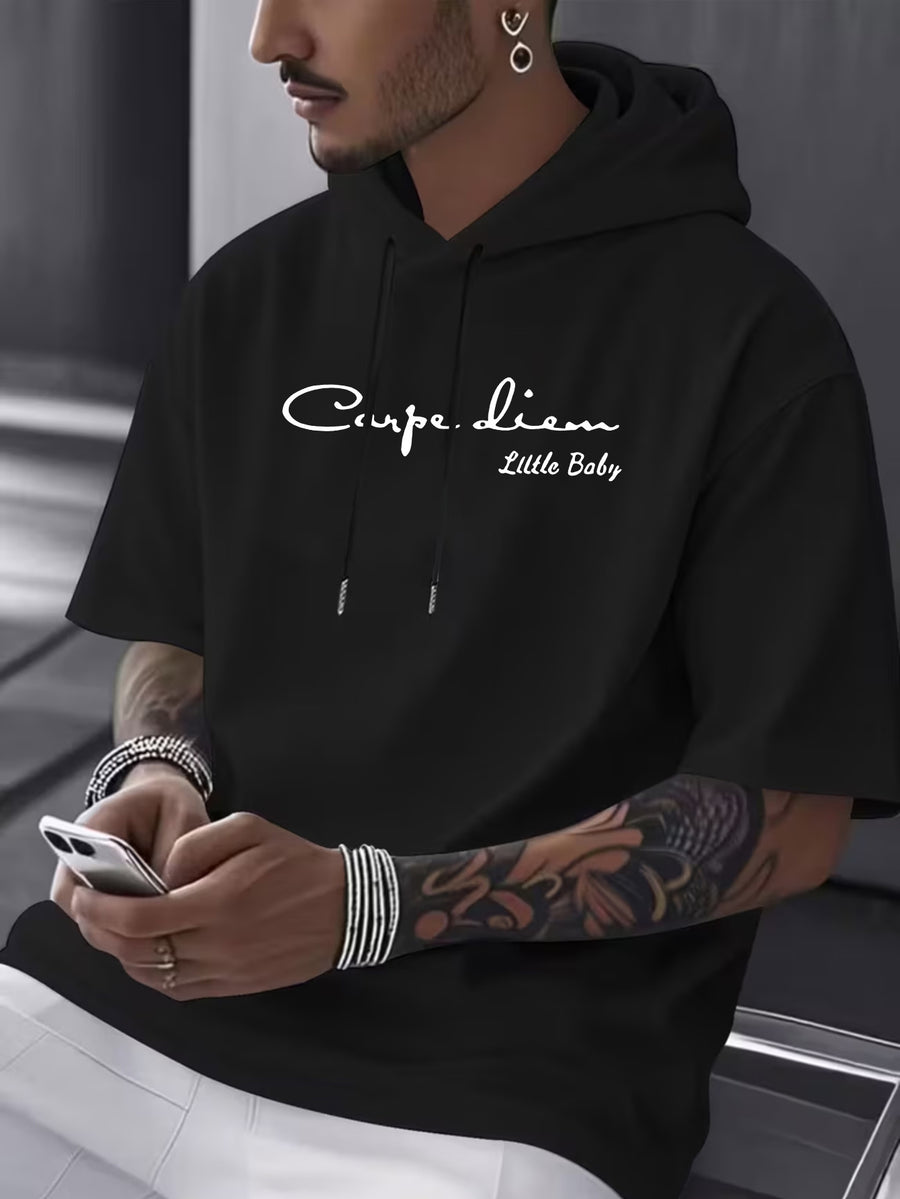 Men'S Print Short-Sleeve Hoodie, Casual Drawstring Hooded Short-Sleeve T-Shirt, Loose Oversized Street Style Casual Wear T-Shirt - Black