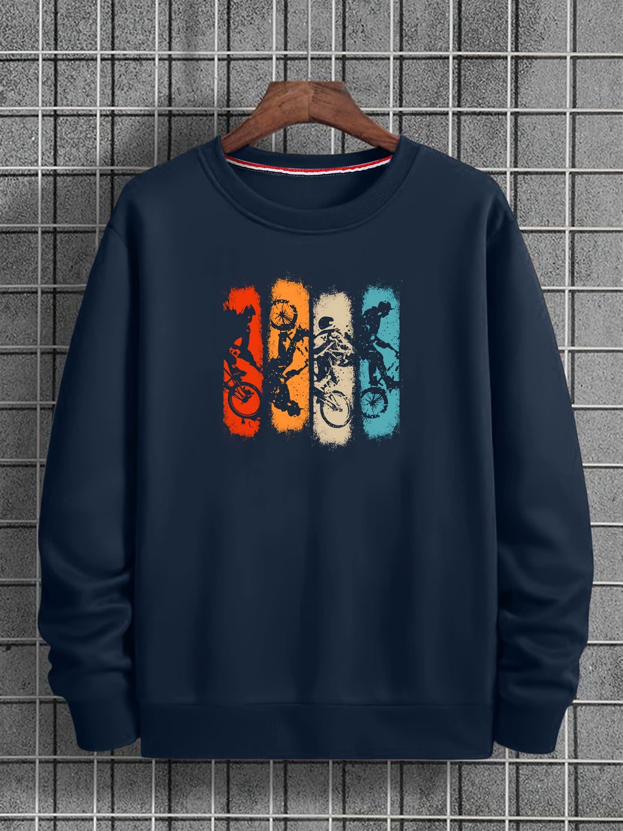 Fashion Retro Cycling Enthusiast Pattern Print, Round Neck Casual Sweatshirt, Suitable for Outdoor Activities, Loose Comfortable And Versatile, Ideal for Autumn And Winter - Navy Color