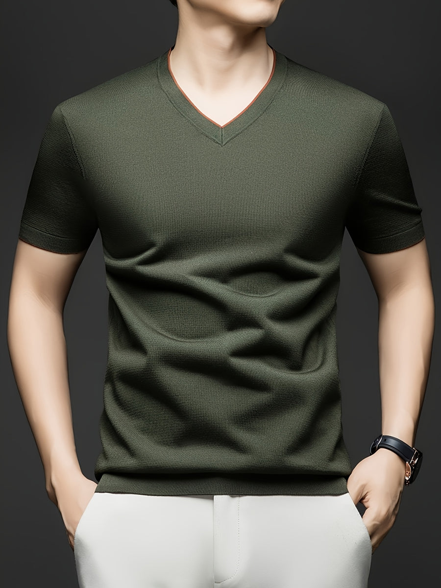Men'S Casual Sportswear Sweater, Knitwear Summer New Men'S Casual V-Neck Pullover Short-Sleeved T-Shirt Middle-Aged Solid Color Knit T-Shirt Half-Sleeve Top - fern green