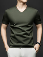 Men'S Casual Sportswear Sweater, Knitwear Summer New Men'S Casual V-Neck Pullover Short-Sleeved T-Shirt Middle-Aged Solid Color Knit T-Shirt Half-Sleeve Top - fern green