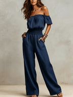Vintage Off-the-Shoulder Sexy Sleeveless Drawstring Waist Wide-Leg Jumpsuit - Navy Color