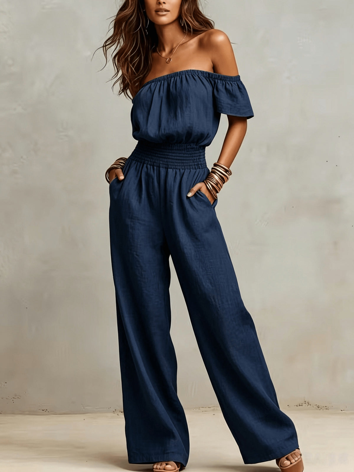 Vintage Off-the-Shoulder Sexy Sleeveless Drawstring Waist Wide-Leg Jumpsuit - Navy Color