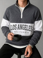 Retro American Stand-Collar Zipper Men'S Sweatshirt, Color-Block Letter Print, Thick Knit Fleece Fabric Soft And Skin-Friendly, Suitable for Daily Outings, Campus Wear, All-Season Wear, Casual Long-Sleeve Sweatshirt - Dark Off-white