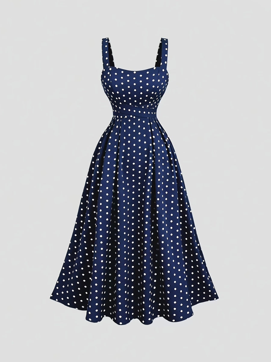 Vintage Elegant Polka Dot Cami Dress, Back Ruched Waist Tie-Up Slim Fit, Date Vacation Daily Commute Outfit, Graduation Season Concert - Royal Blue