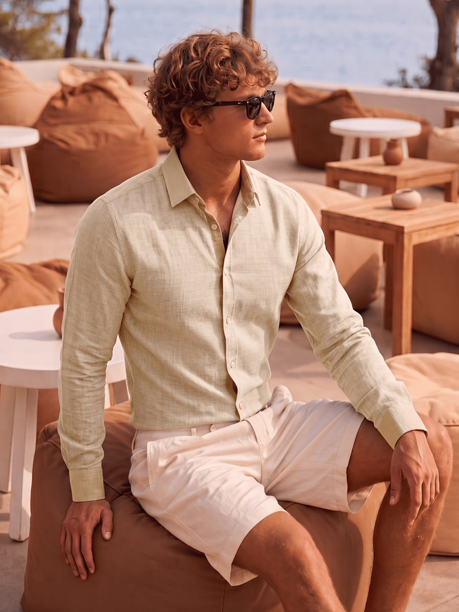 Men'S Anti-Moth Long-Sleeved Square-Neck Shirt, Lightweight And Breathable Solid Color Business-Casual Shirt, Loose-Fitting All-Match Basic Shirt for Spring And Summer Commuting And Vacation. Available in Multiple Colors - Khaki