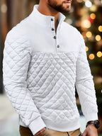 ROYALBOY Autumn New Arrival Men's Casual Fashion Solid Color Textured Ribbed Stand Collar Long Sleeve Top, Men's Henley Shirt, Suitable for Outings, Outdoor Activities, Commuting, Versatile, Trendy, and Simple Style, a Must-Have Top for Men - White