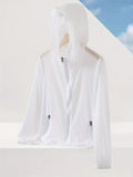 Summer Lightweight Cool Beach Ultra-Thin Fabric Breathable Quick-Dry Hooded Fishing Shirt Men Women Summer Solid Color Skin-Friendly Thin Breathable Couple Hiking Riding Mountain Beach Fishing Suit Cooling Shirt - White