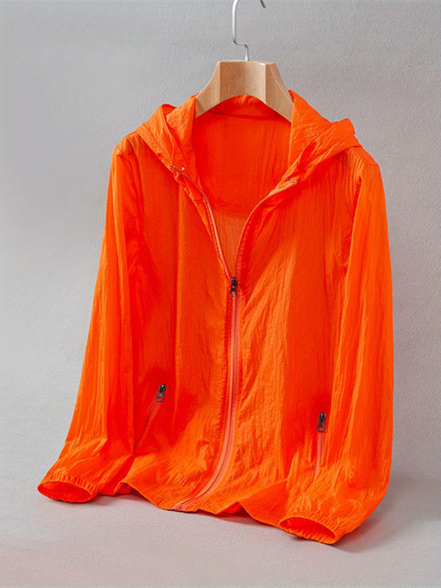 Summer Lightweight Cool Beach Ultra-Thin Fabric Breathable Quick-Dry Hooded Fishing Shirt Men Women Summer Solid Color Skin-Friendly Thin Breathable Couple Hiking Riding Mountain Beach Fishing Suit Cooling Shirt - Orange-Red