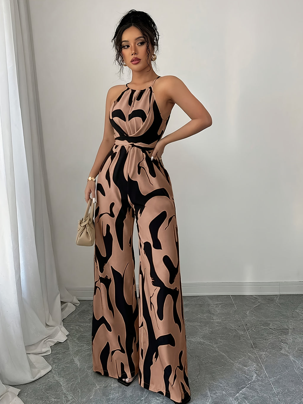 Women'S Printed Cinched Waist Jumpsuit, Elegant Holiday And Casual Wear with Halter Neckline - Coffee Color