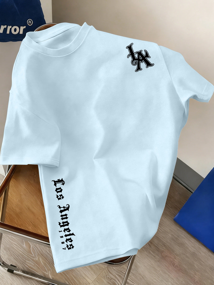 Men's 100% Cotton Short Sleeve Crew Neck T-Shirt, American Los Angeles Vintage Street Style Print, Casual, Fashionable, Comfortable, Soft, Summer Short Sleeve - Light Blue Color