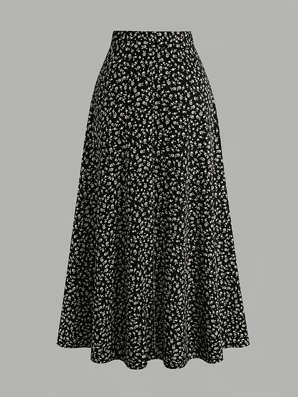 Retro Black Background Small Floral Print Midi Skirt, Summer High Waist A-Line Large Swing Mid-Length Umbrella Skirt - Black