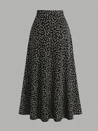 Retro Black Background Small Floral Print Midi Skirt, Summer High Waist A-Line Large Swing Mid-Length Umbrella Skirt - Black