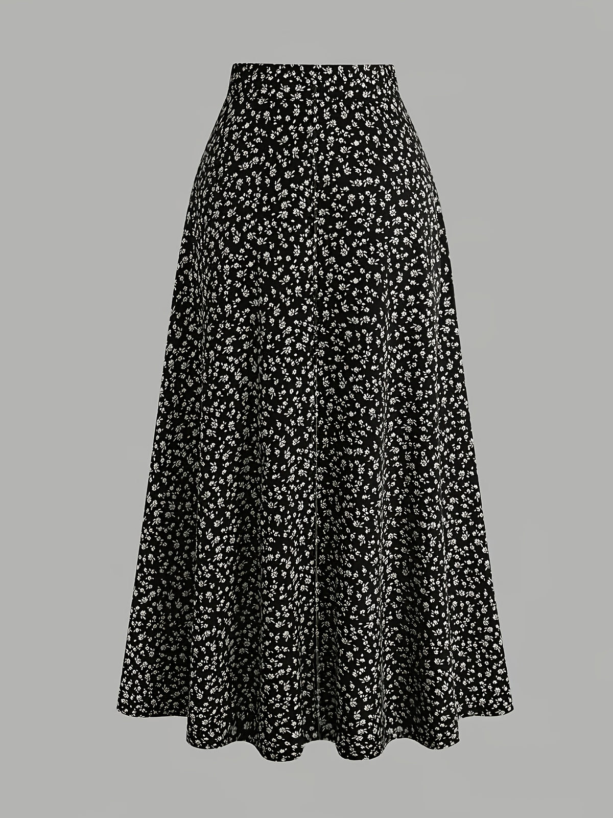 Retro Black Background Small Floral Print Midi Skirt, Summer High Waist A-Line Large Swing Mid-Length Umbrella Skirt - Black
