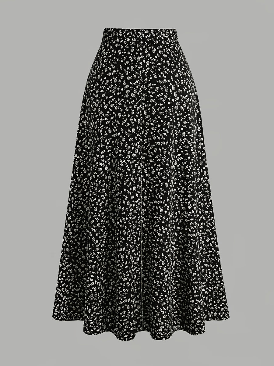 Retro Black Background Small Floral Print Midi Skirt, Summer High Waist A-Line Large Swing Mid-Length Umbrella Skirt - Black